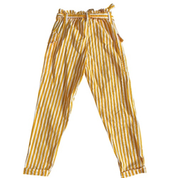 Taxi size medium Yellow and White Striped belted paperbag Pants - Picture 2 of 4